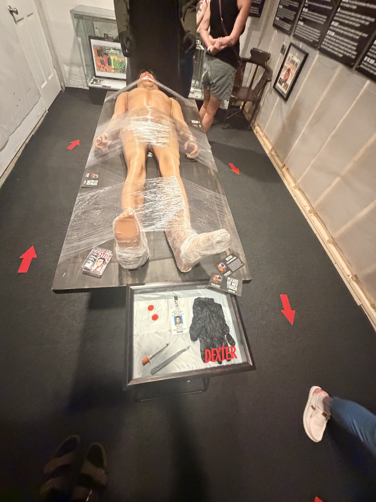 Dexter's kill-room evidence case — the blood-slide box, ID badge, gloves and knife