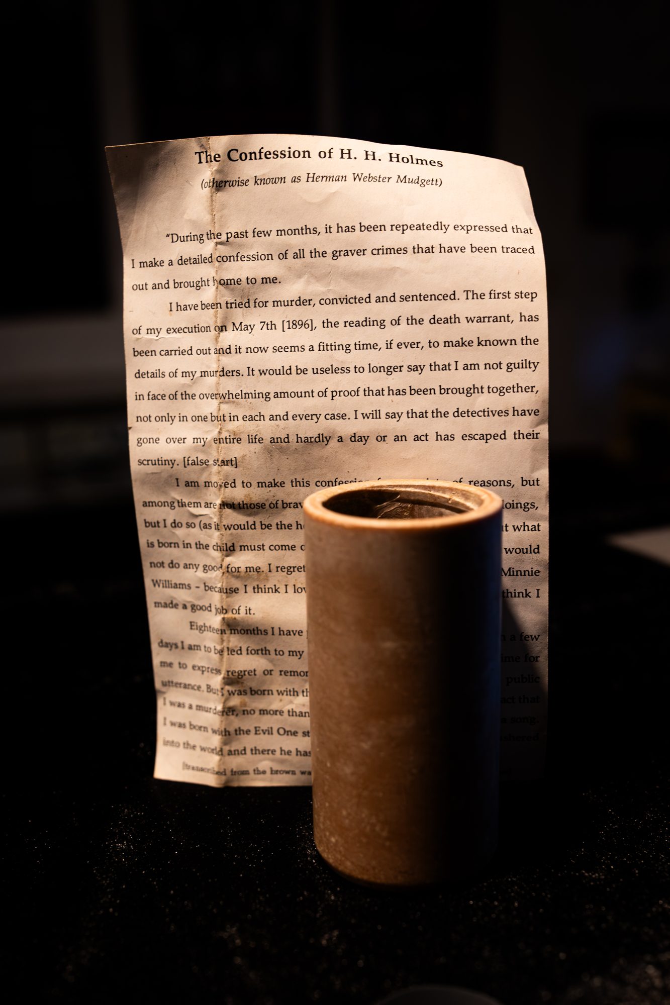 The typed confession of H.H. Holmes with wax recording cylinder