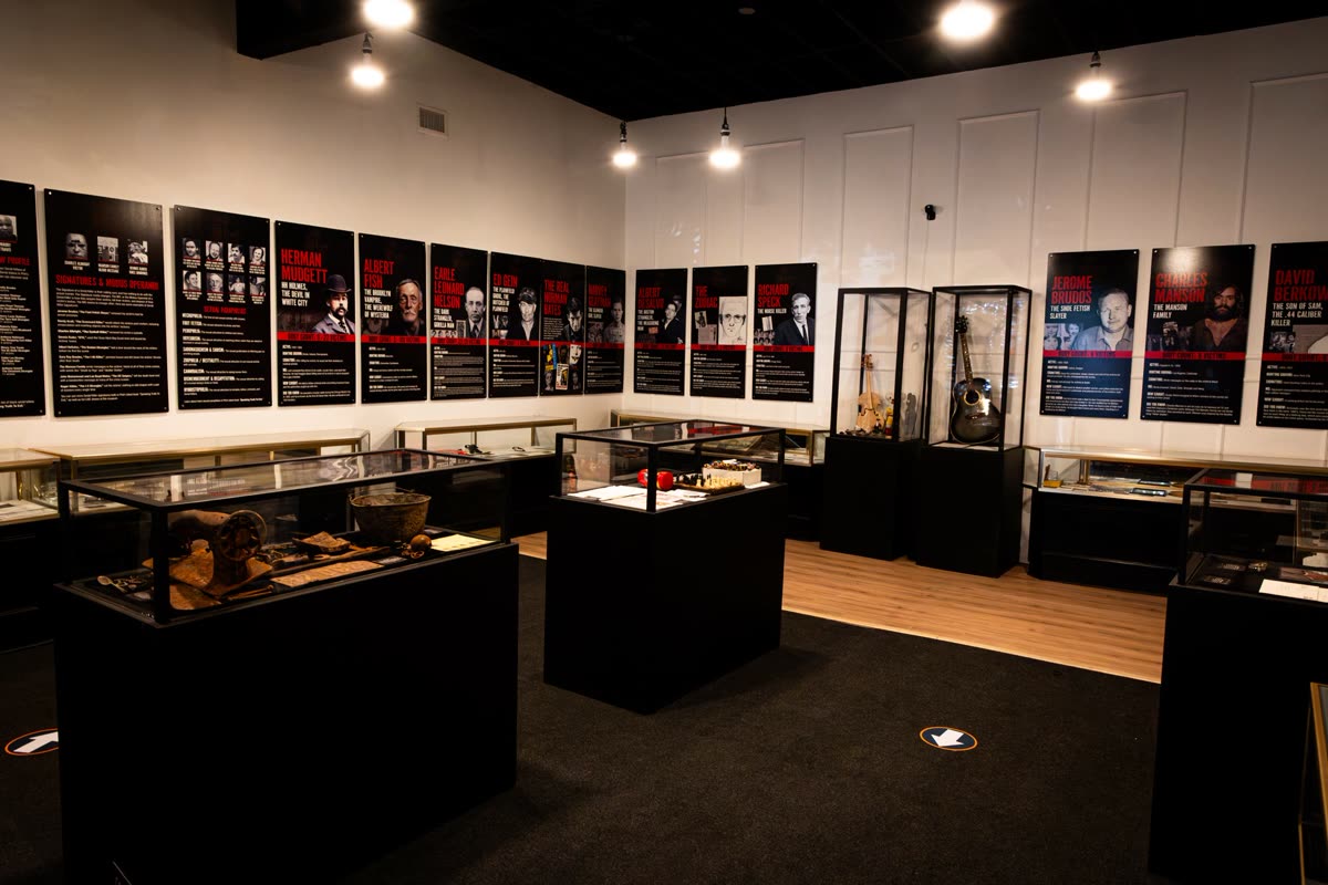The Mindhunter wall — 130+ case profiles and central display cases
