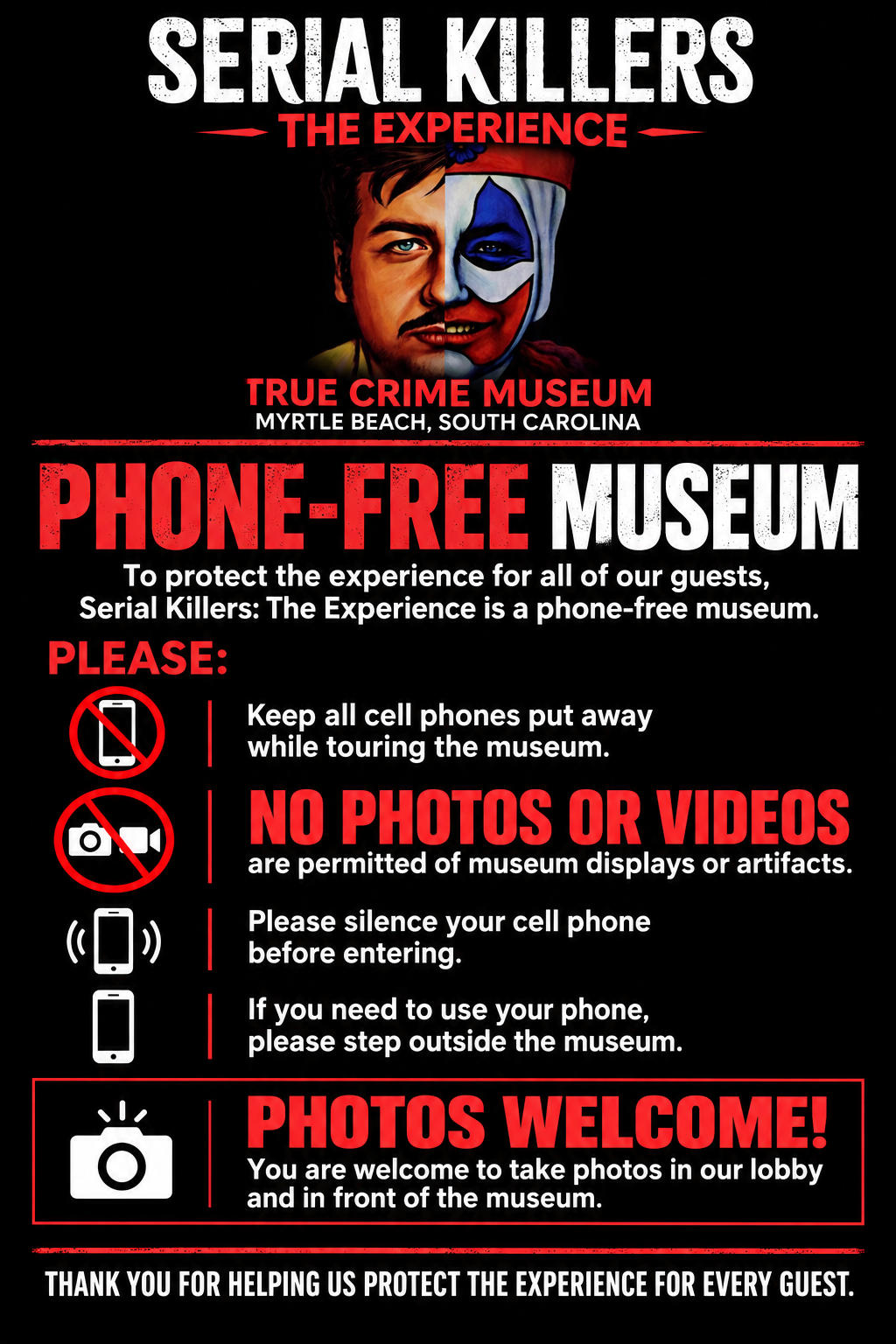 Phone-free museum: no photos or video of exhibits, phones silenced and put away. Photos welcome in the lobby.